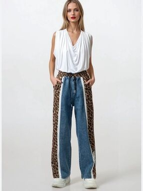 Kate Hewko Women’s Blue Denim & Leopard Side-Panel Jeans-Size XS